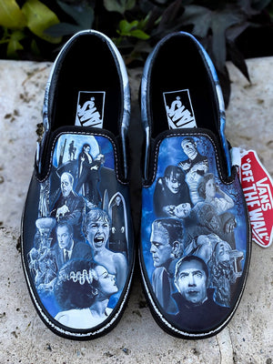 Classic Black and White Hr Slip Ons, Handpainted Shoes