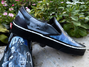 Classic Black and White Hr Slip Ons, Handpainted Shoes
