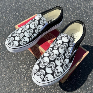 Multiple Skull Head Tile Print Spooky Black Slip Ons