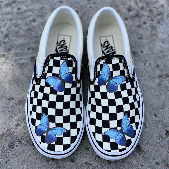 Blue Butterfly Checker Slip On
