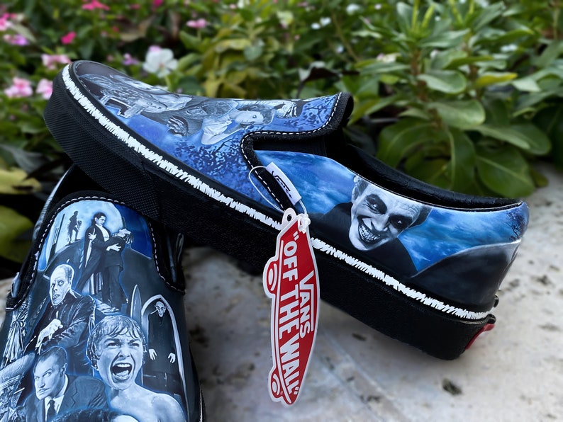 Classic Black and White Hr Slip Ons, Handpainted Shoes