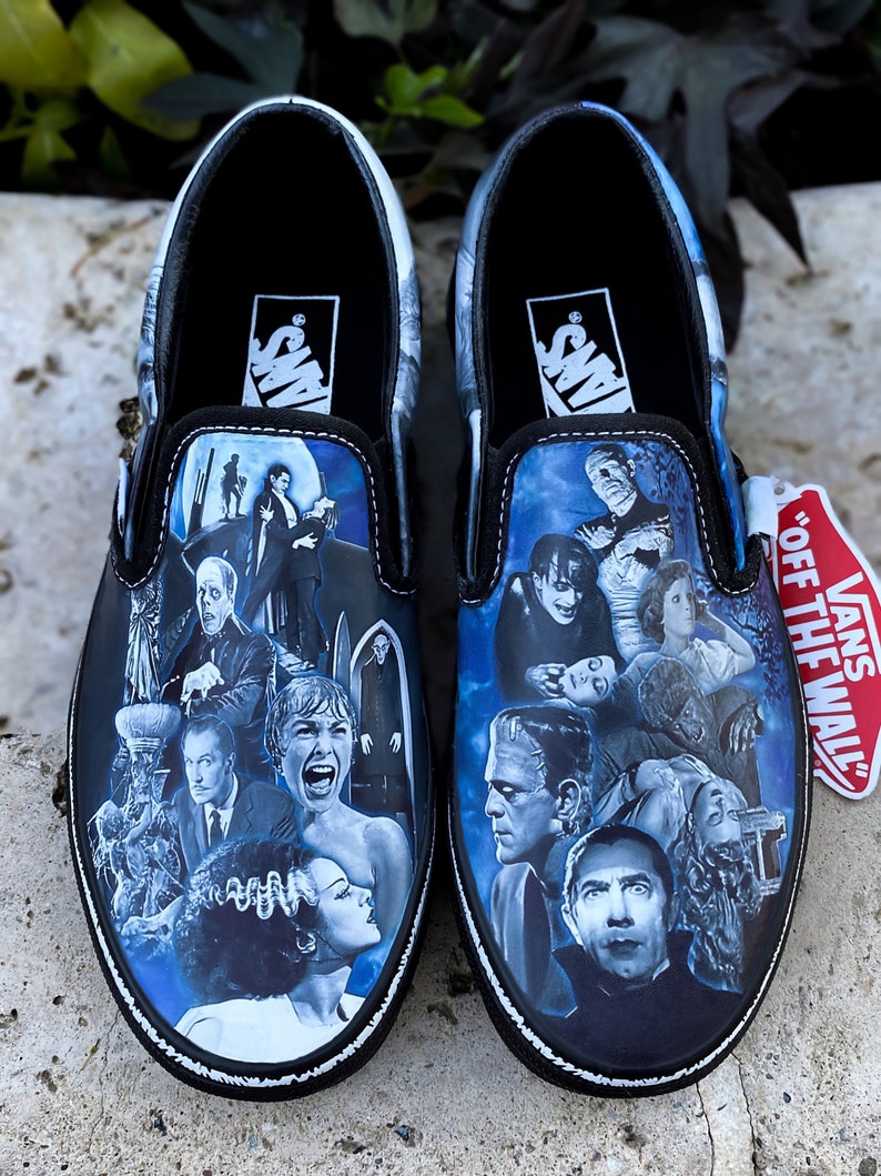Classic Black and White Hr Slip Ons, Handpainted Shoes