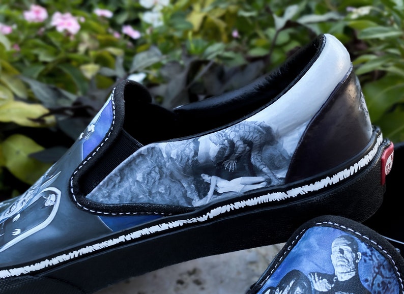 Classic Black and White Hr Slip Ons, Handpainted Shoes