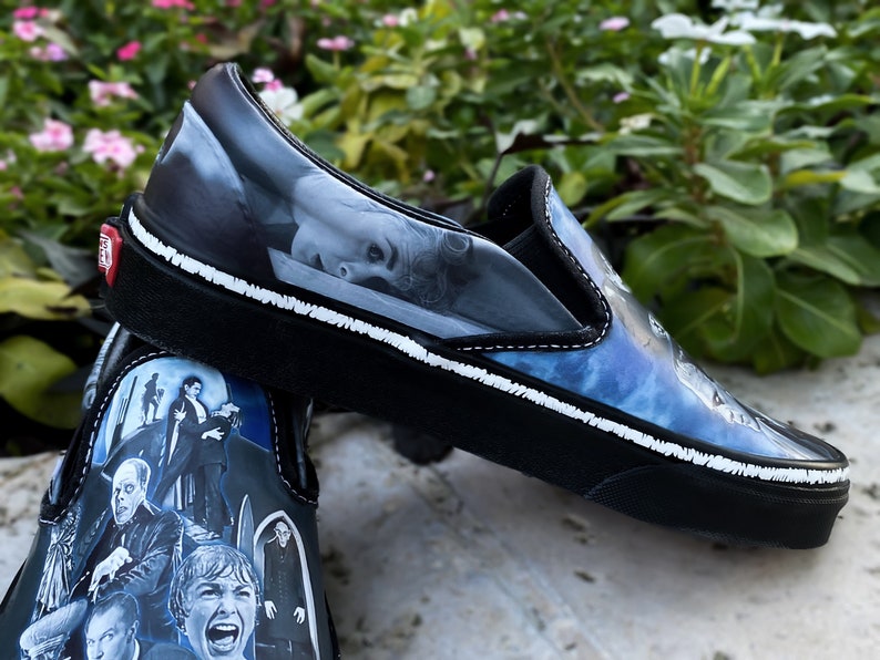Classic Black and White Hr Slip Ons, Handpainted Shoes
