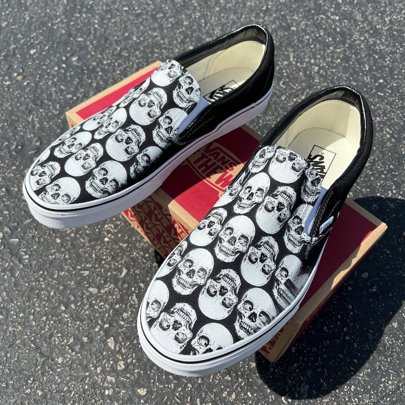 Multiple Skull Head Tile Print Spooky Black Slip Ons
