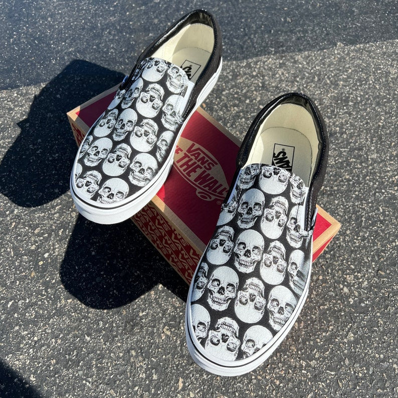 Multiple Skull Head Tile Print Spooky Black Slip Ons