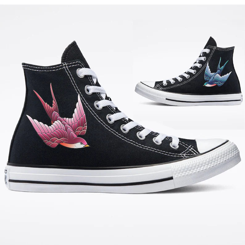 Custom Traditional Sparrow Tattoo on Black High Top Shoes