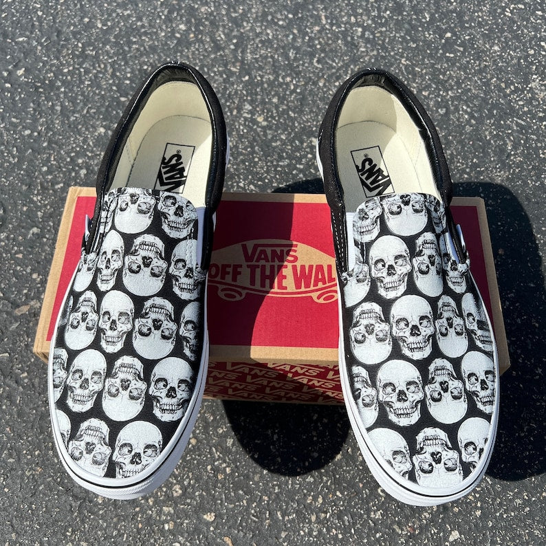 Multiple Skull Head Tile Print Spooky Black Slip Ons