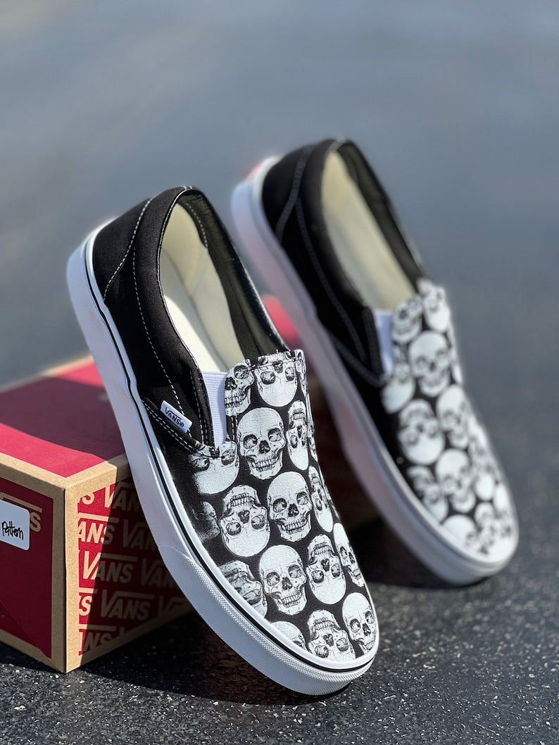 Multiple Skull Head Tile Print Spooky Black Slip Ons