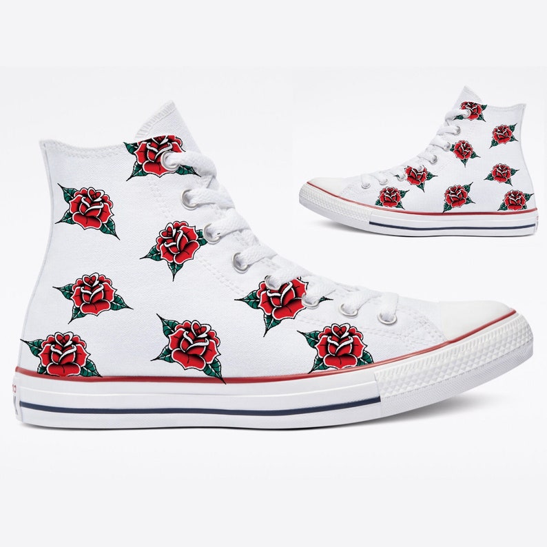 Custom Traditional Rose Pattern Tattoo on White High Top Shoes