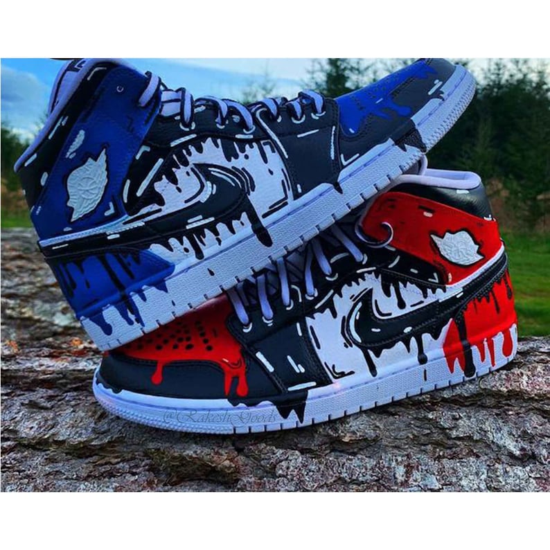 Blue and Red Drip  AJ 1’s  Hand Painted Sneakers