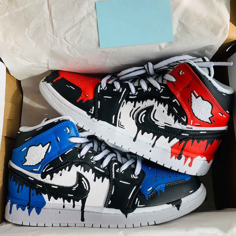 Blue and Red Drip  AJ 1’s  Hand Painted Sneakers