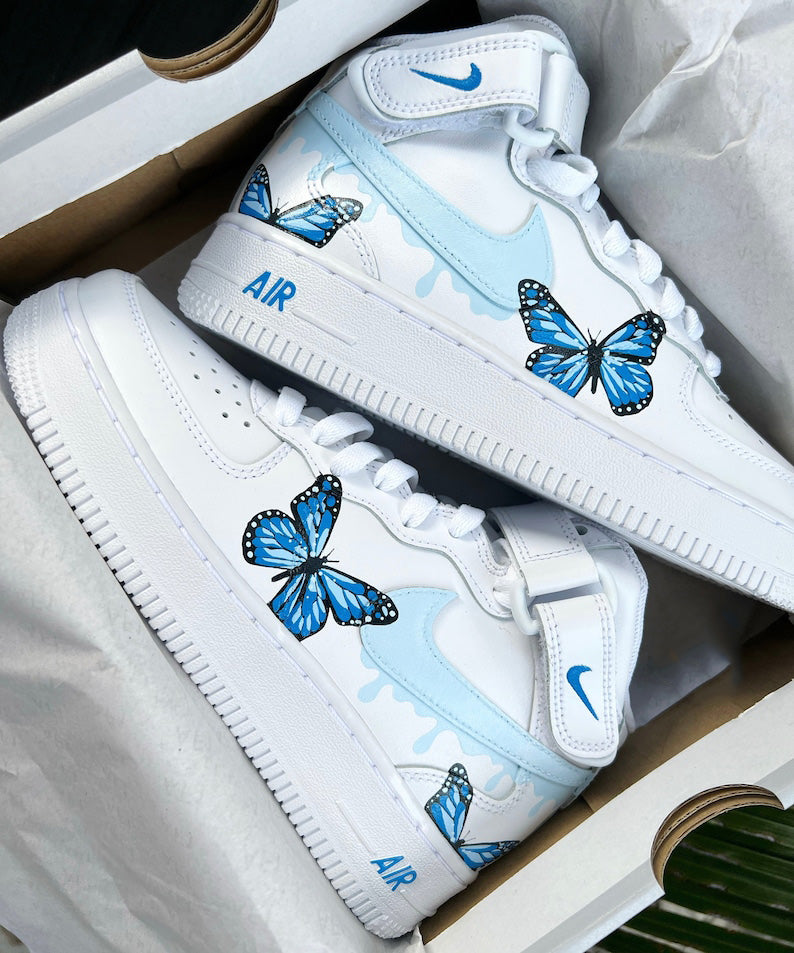 Dripping Blue Butterflies AF1 Sneakers